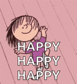 a cartoon of a girl with the words happy happy happy on a pink background (Provided by Tenor)